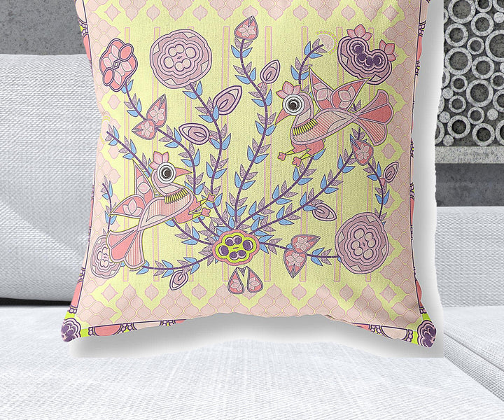 28" x 28" Yellow Peacock Blown Seam Floral Indoor Outdoor Throw Pillow