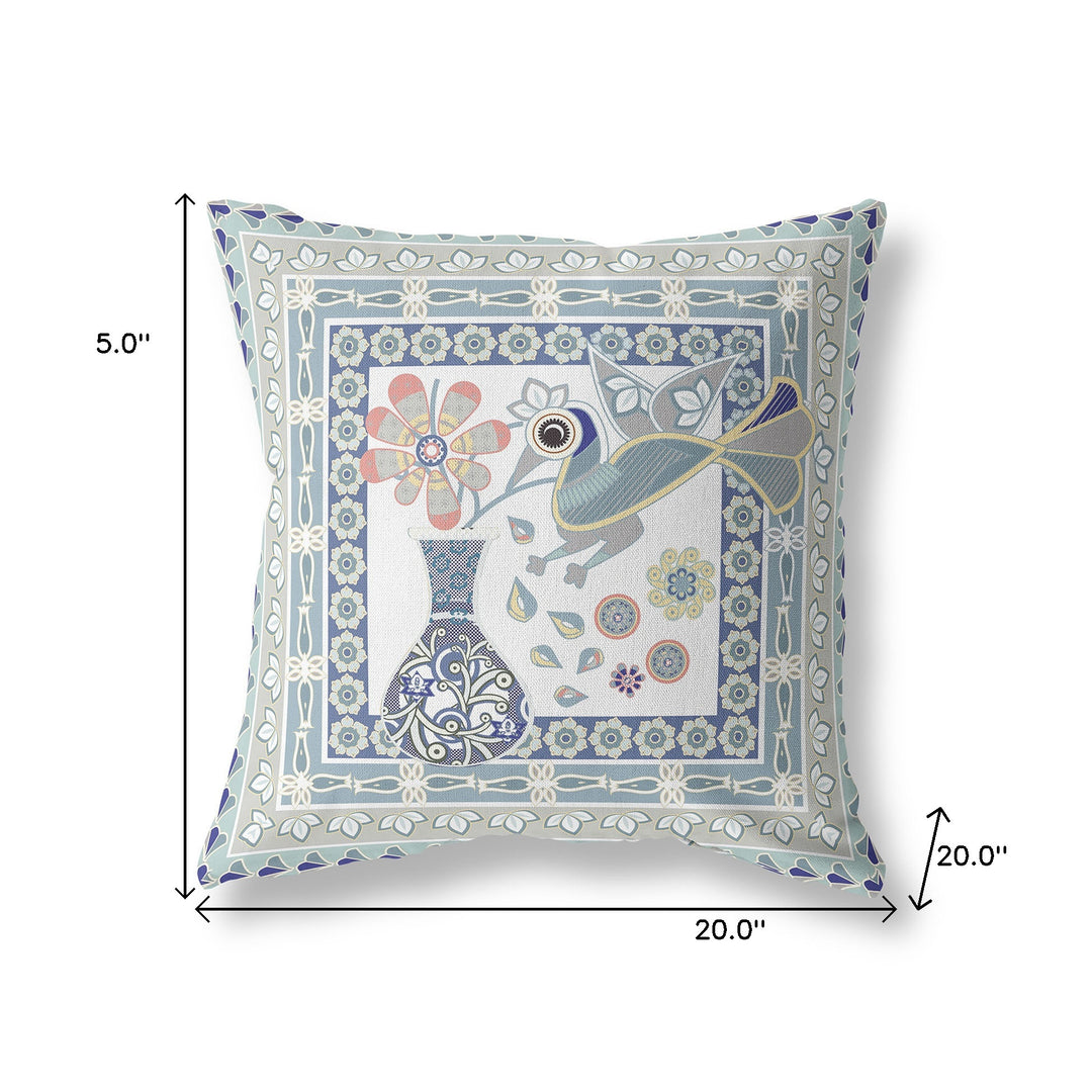 20" x 20" Blue and White Peacock Blown Seam Floral Indoor Outdoor Throw Pillow