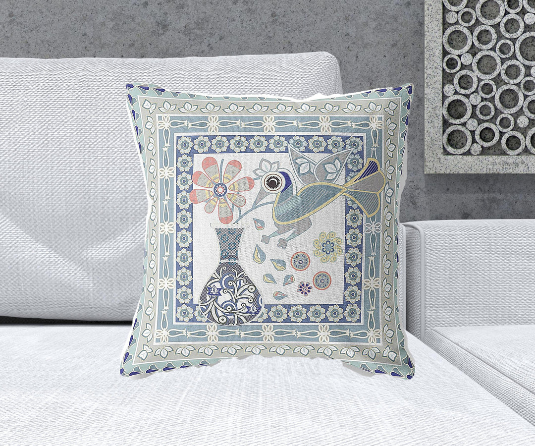 20" x 20" Blue and White Peacock Blown Seam Floral Indoor Outdoor Throw Pillow