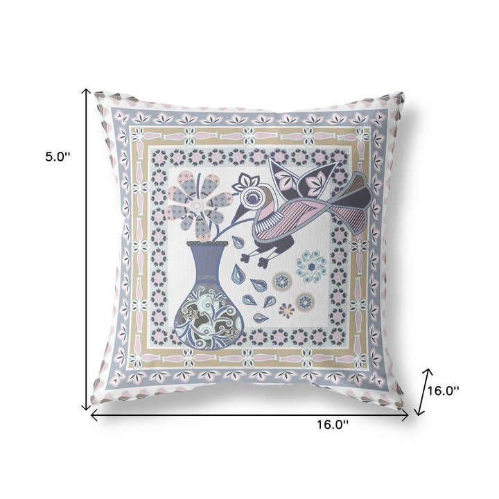 16" x 16" Beige and White Peacock Blown Seam Floral Indoor Outdoor Throw Pillow