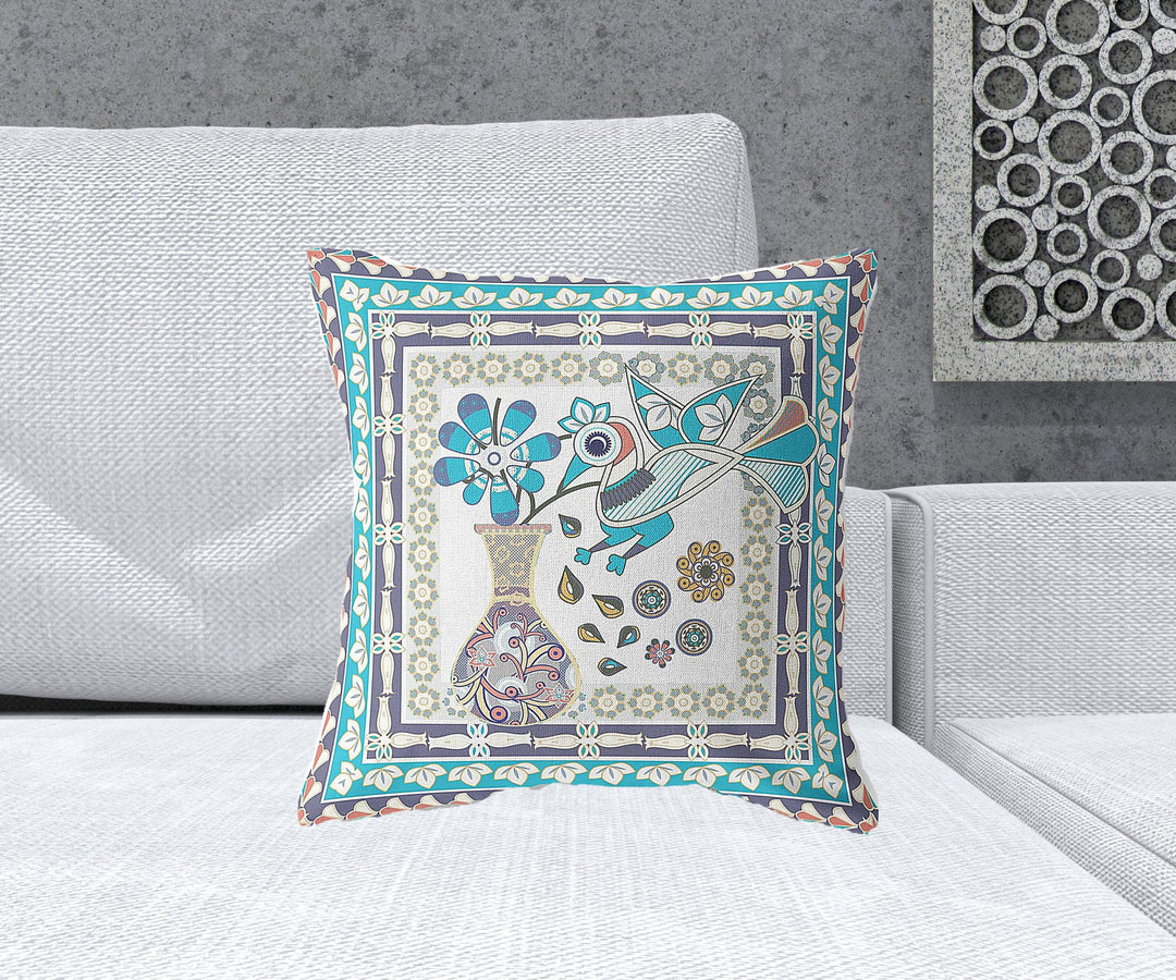 18" x 18" Cream Peacock Blown Seam Floral Indoor Outdoor Throw Pillow