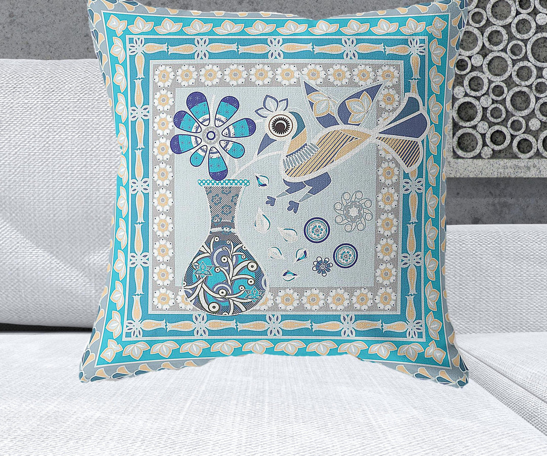 26" x 26" Aqua Peacock Blown Seam Floral Indoor Outdoor Throw Pillow