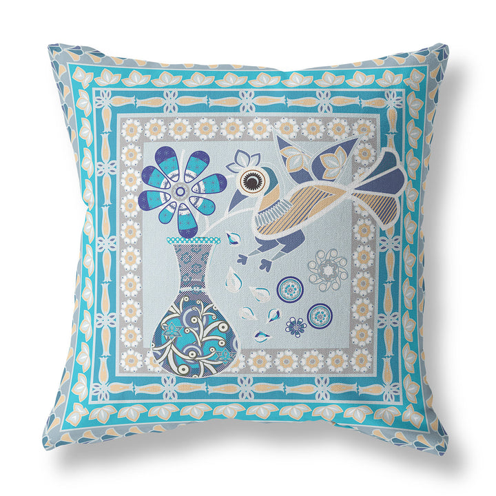 28" x 28" Aqua Peacock Blown Seam Floral Indoor Outdoor Throw Pillow