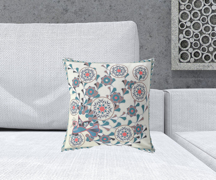 16" x 16" Off White Peacock Blown Seam Floral Indoor Outdoor Throw Pillow