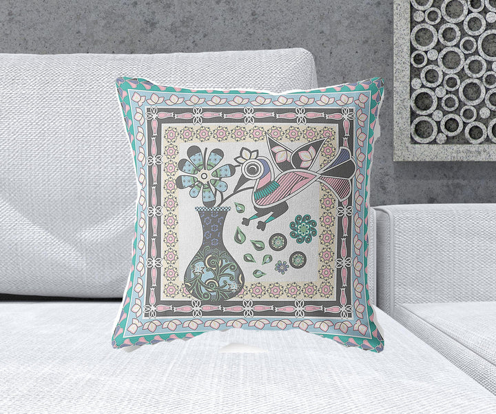 20" x 20" Gray Peacock Blown Seam Floral Indoor Outdoor Throw Pillow