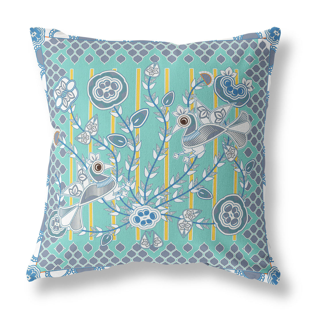 26" x 26" Aqua Peacock Blown Seam Floral Indoor Outdoor Throw Pillow