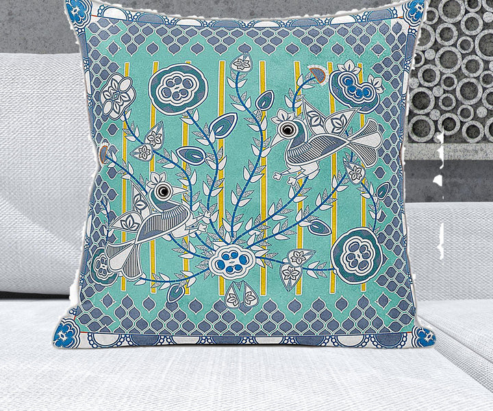 26" x 26" Aqua Peacock Blown Seam Floral Indoor Outdoor Throw Pillow