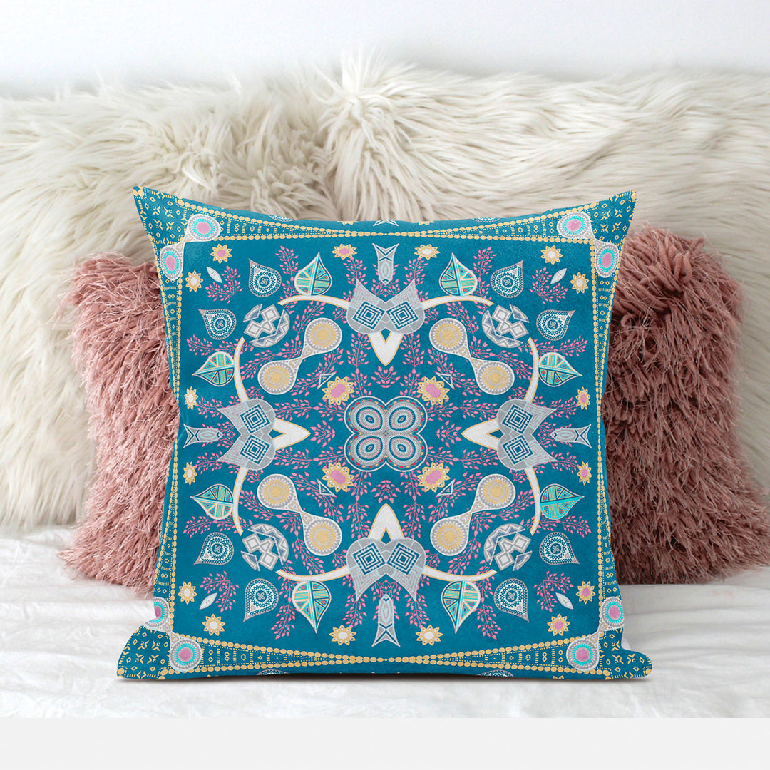 26" x 26" Aqua Blown Seam Paisley Indoor Outdoor Throw Pillow