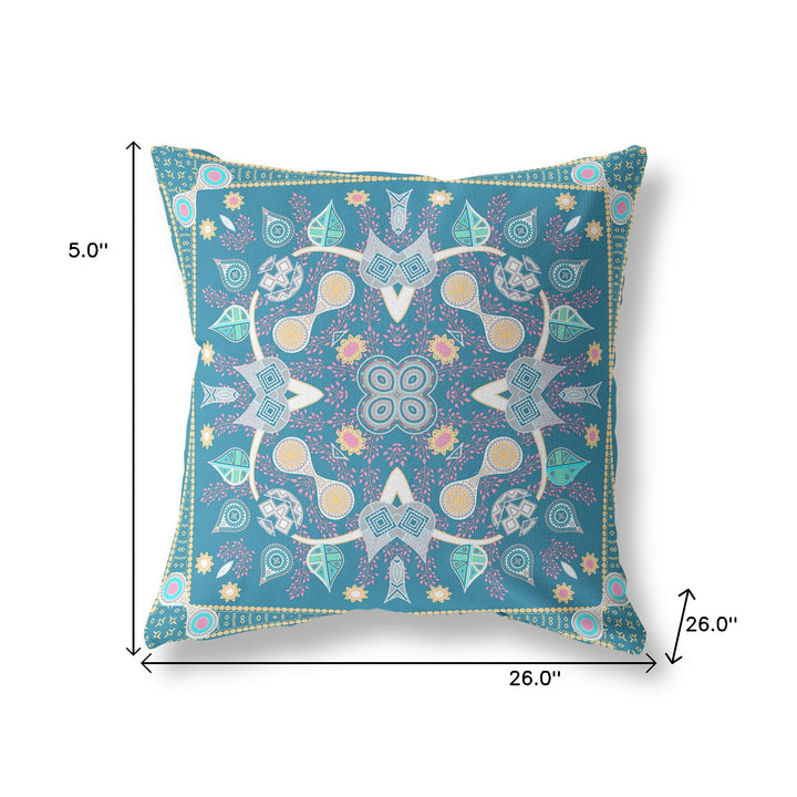 26" x 26" Aqua Blown Seam Paisley Indoor Outdoor Throw Pillow