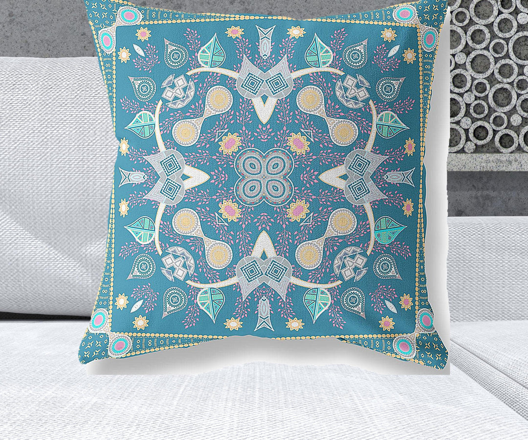 26" x 26" Aqua Blown Seam Paisley Indoor Outdoor Throw Pillow