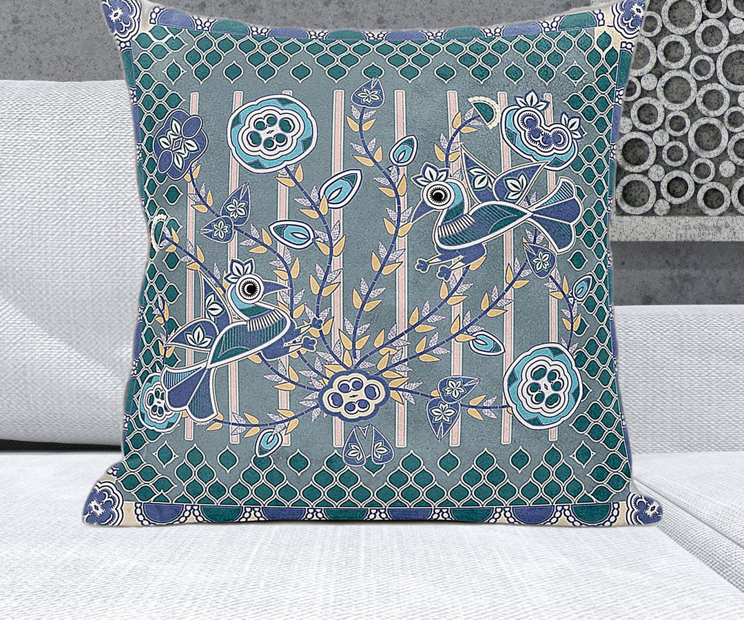 26" x 26" Blue and Gray Peacock Blown Seam Floral Indoor Outdoor Throw Pillow