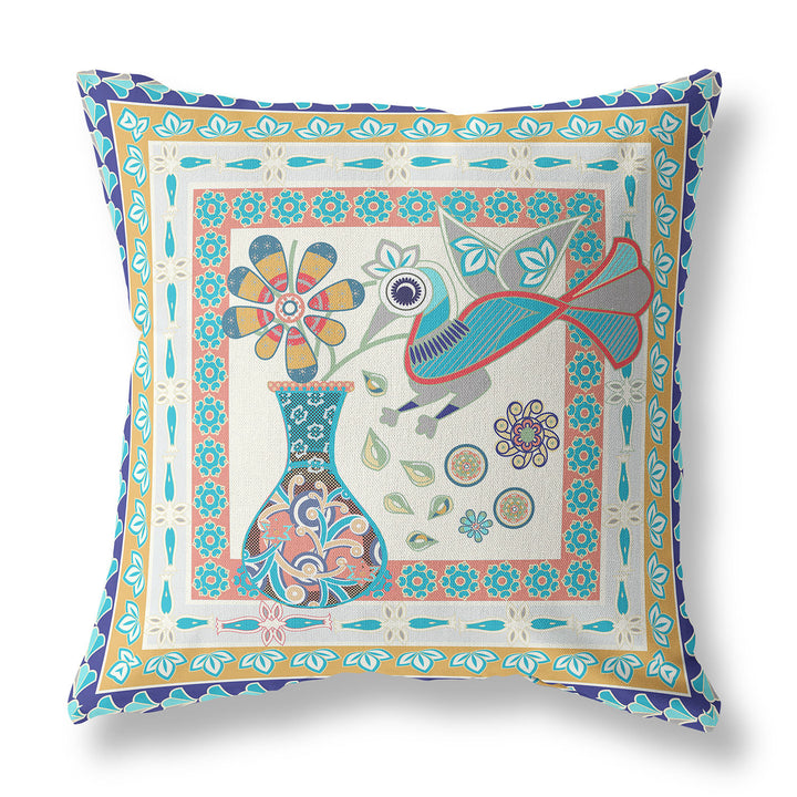 28" x 28" Blue and Beige Peacock Blown Seam Floral Indoor Outdoor Throw Pillow