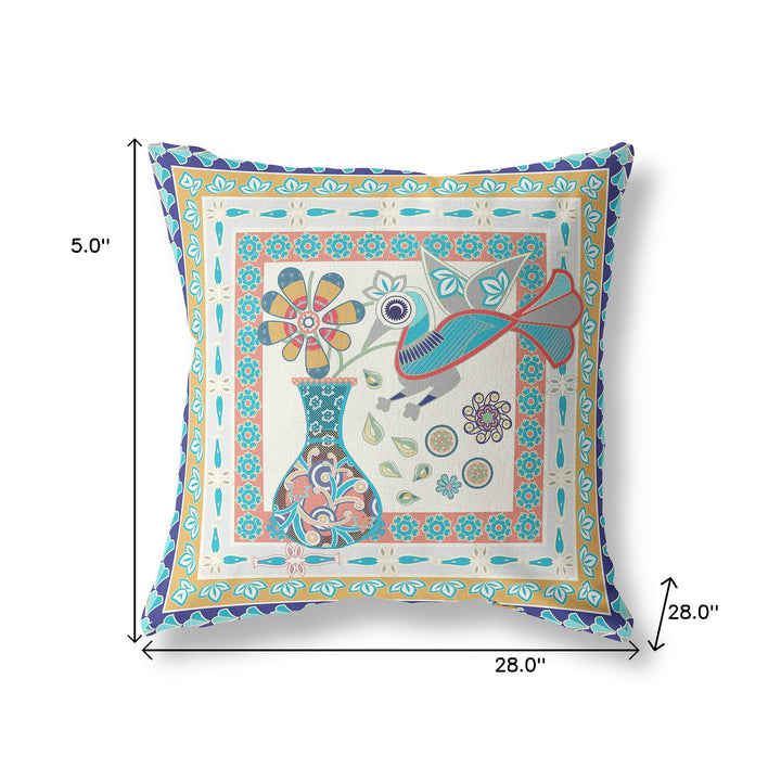 28" x 28" Blue and Beige Peacock Blown Seam Floral Indoor Outdoor Throw Pillow