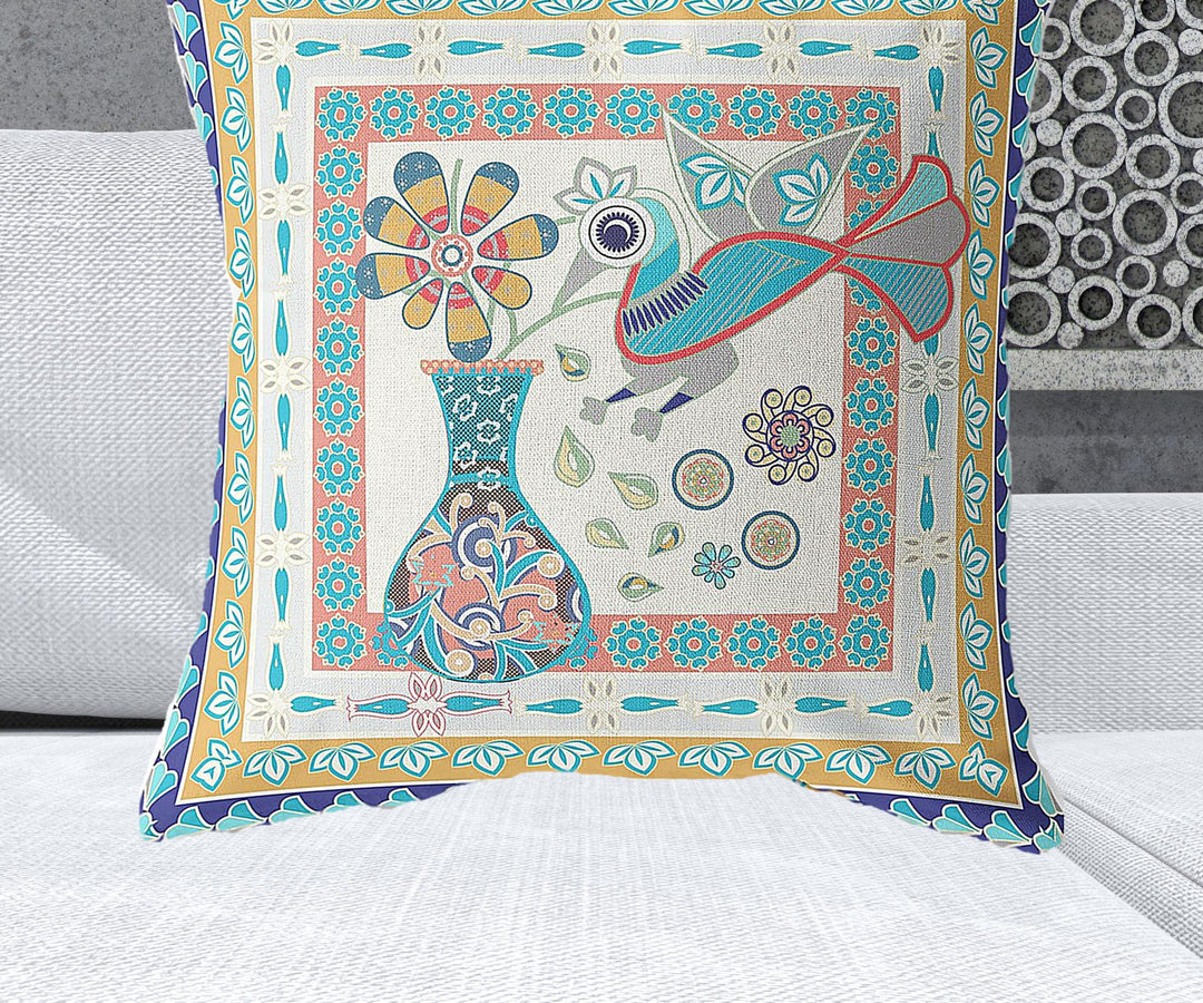 28" x 28" Blue and Beige Peacock Blown Seam Floral Indoor Outdoor Throw Pillow