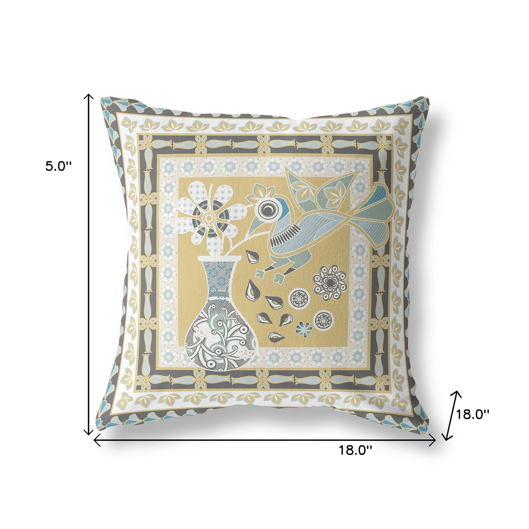 18" x 18" Beige and Black Peacock Blown Seam Floral Indoor Outdoor Throw Pillow