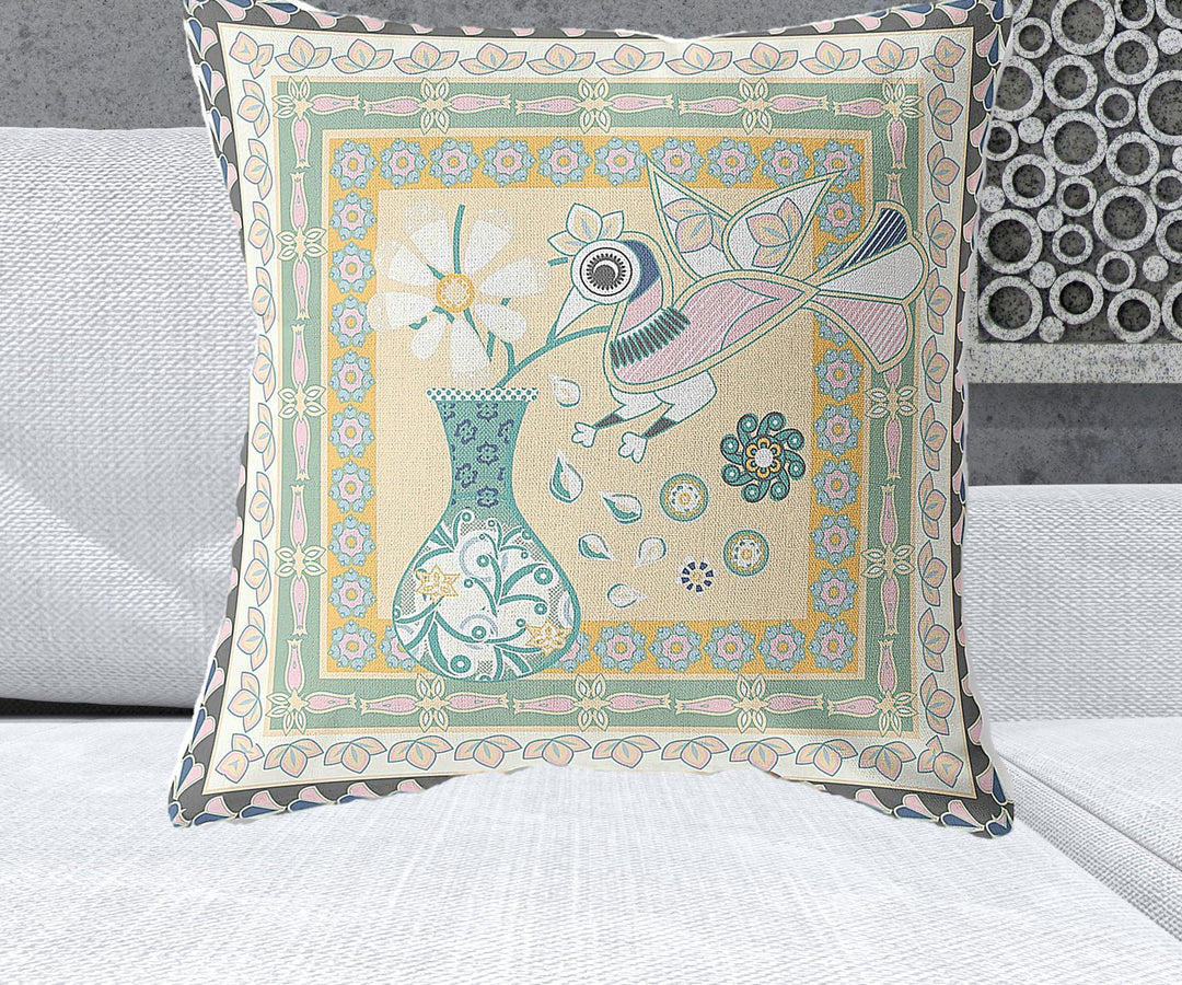 26" x 26" Beige and Black Peacock Blown Seam Floral Indoor Outdoor Throw Pillow