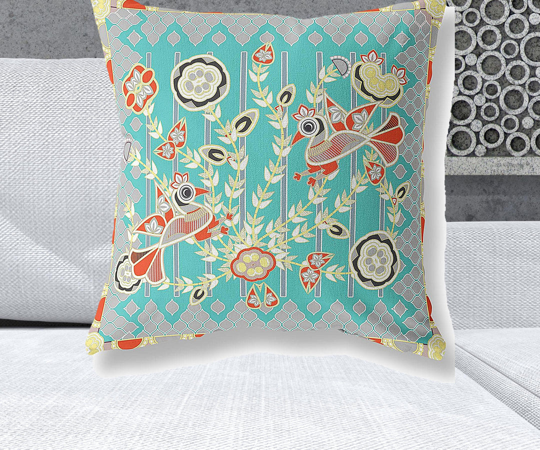 26" x 26" Light Blue Peacock Blown Seam Floral Indoor Outdoor Throw Pillow