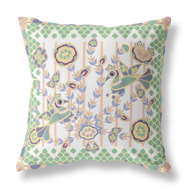 16" x 16" Yellow and White Peacock Blown Seam Floral Indoor Outdoor Throw Pillow