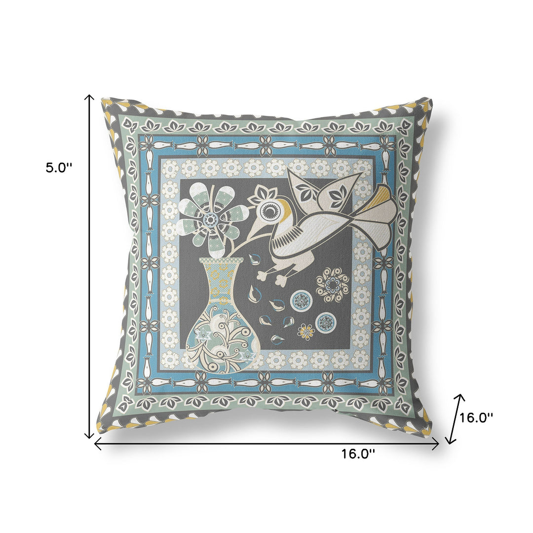 16" x 16" Black and White Peacock Blown Seam Floral Indoor Outdoor Throw Pillow