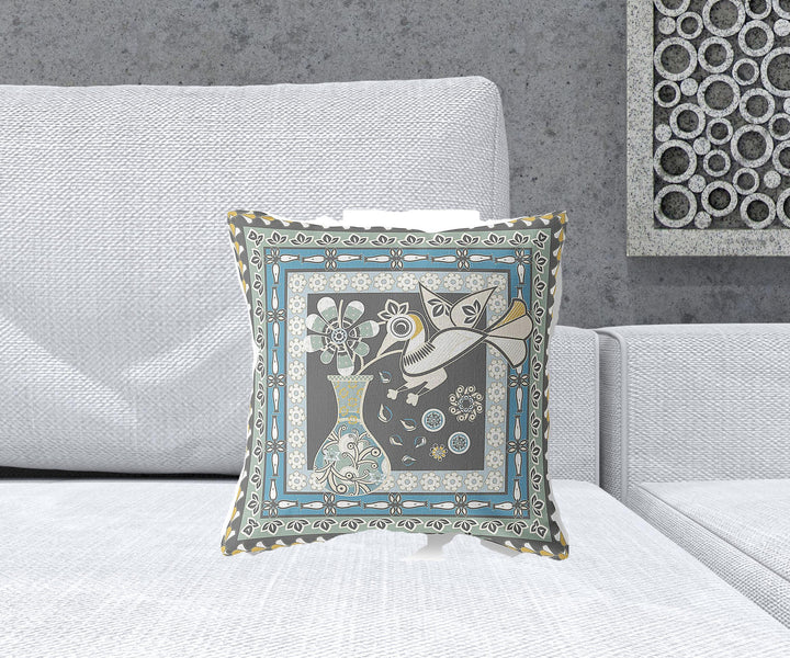 16" x 16" Black and White Peacock Blown Seam Floral Indoor Outdoor Throw Pillow