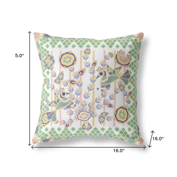 16" x 16" Yellow and White Peacock Blown Seam Floral Indoor Outdoor Throw Pillow