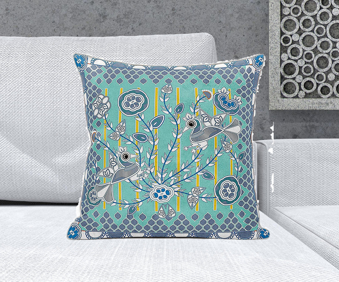 20" x 20" Aqua Peacock Blown Seam Floral Indoor Outdoor Throw Pillow