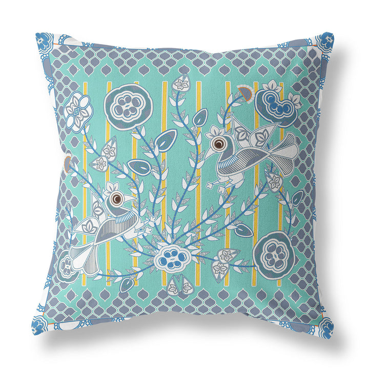 20" x 20" Aqua Peacock Blown Seam Floral Indoor Outdoor Throw Pillow