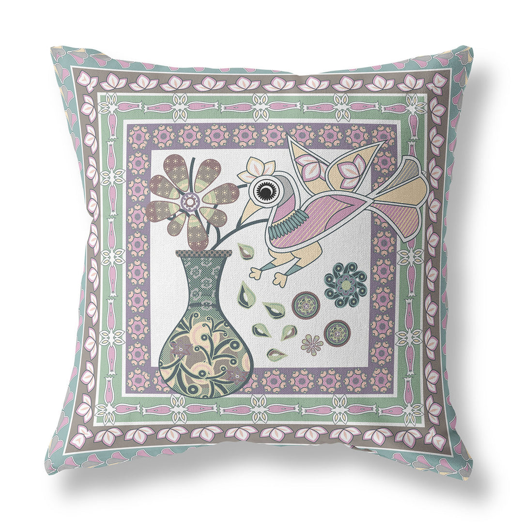 16" x 16" Pink Bird Blown Seam Abstract Indoor Outdoor Throw Pillow