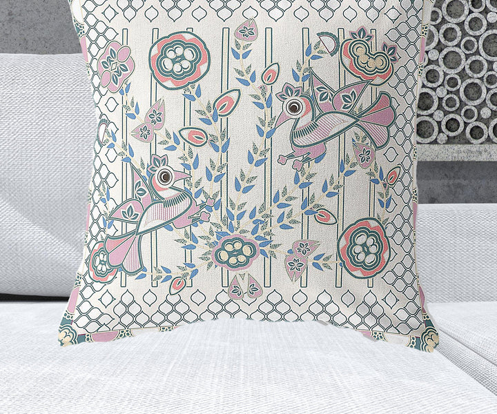 28" x 28" Off White Peacock Blown Seam Floral Indoor Outdoor Throw Pillow