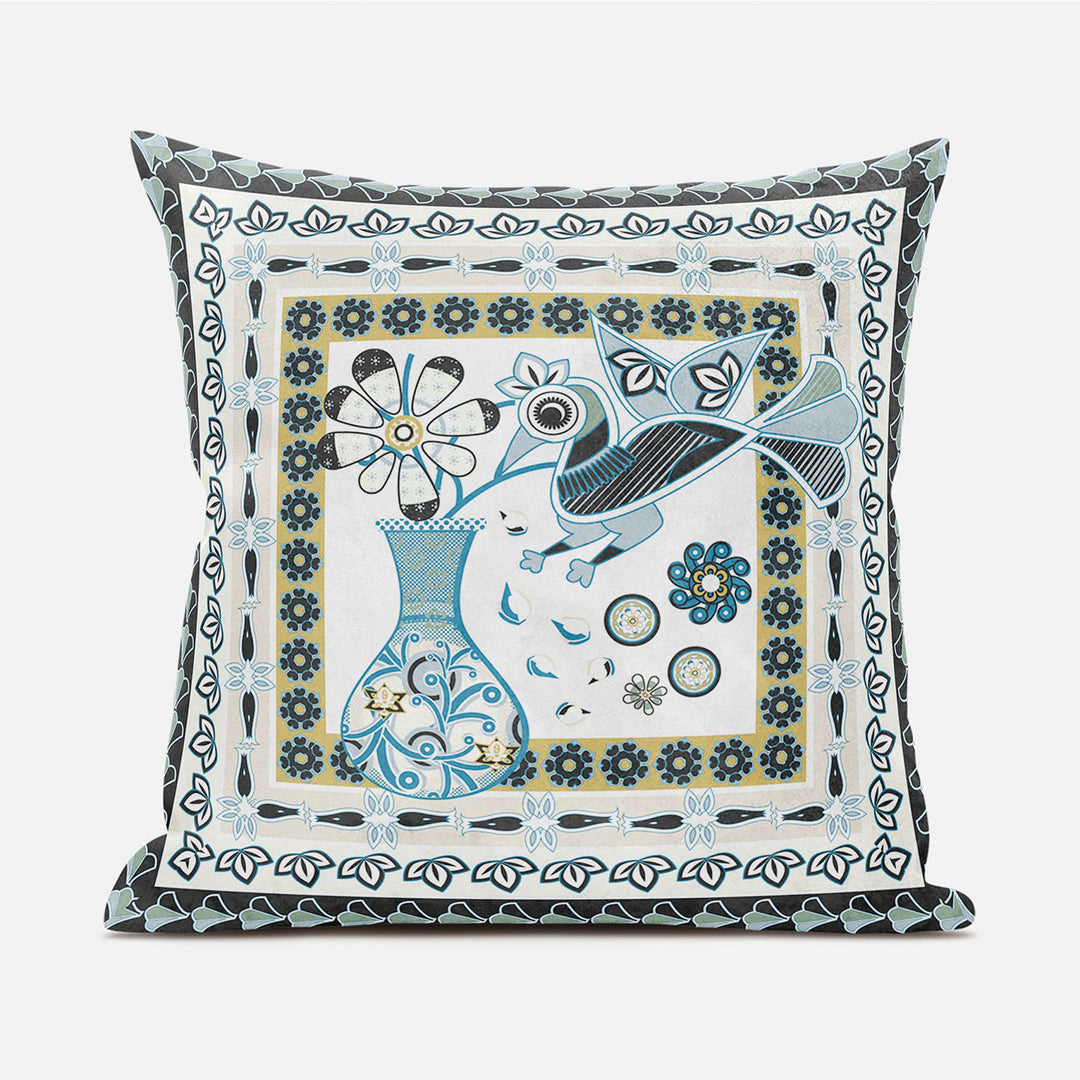 18" X 18" Blue and White Peacock Blown Seam Floral Indoor Outdoor Throw Pillow