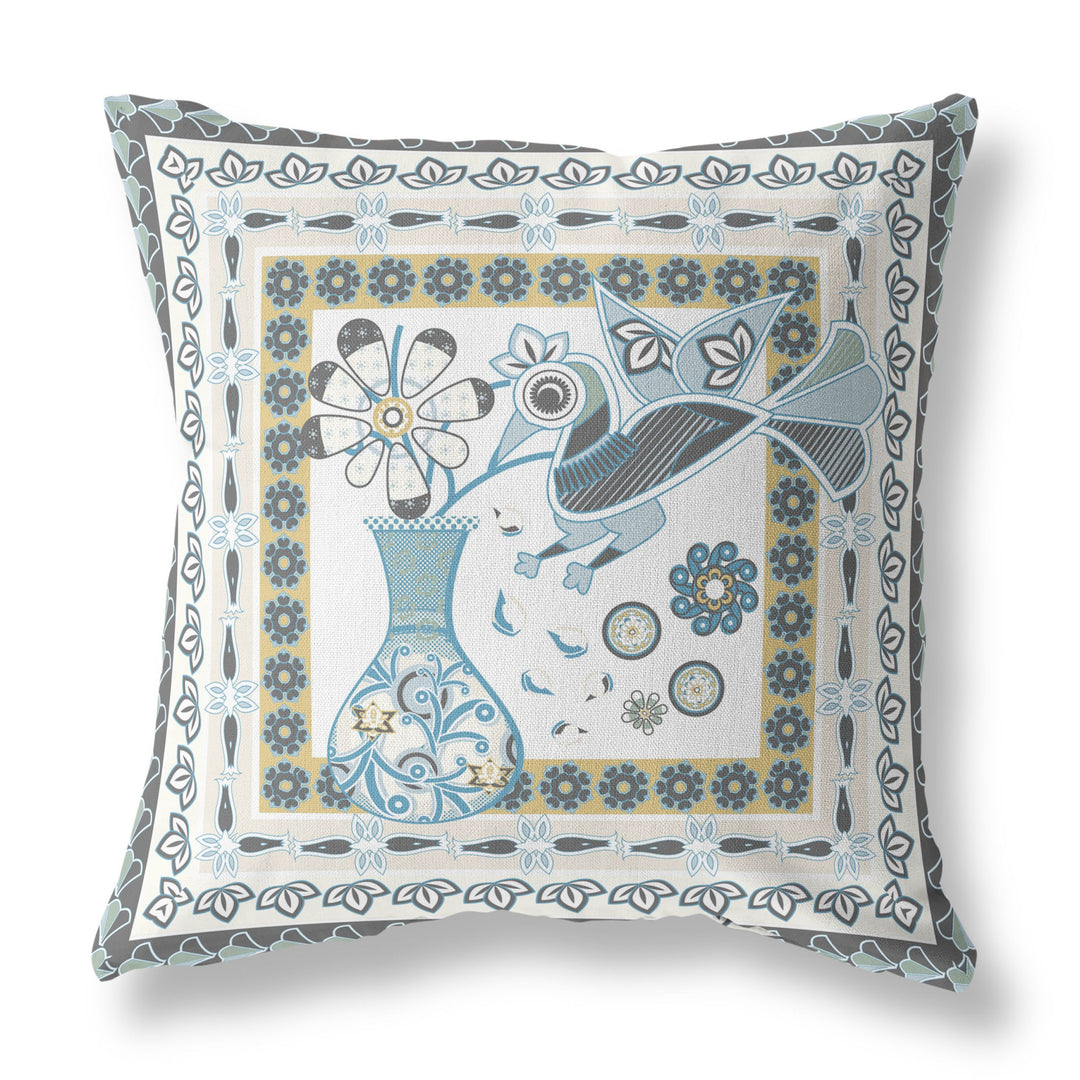 18" X 18" Blue and White Peacock Blown Seam Floral Indoor Outdoor Throw Pillow