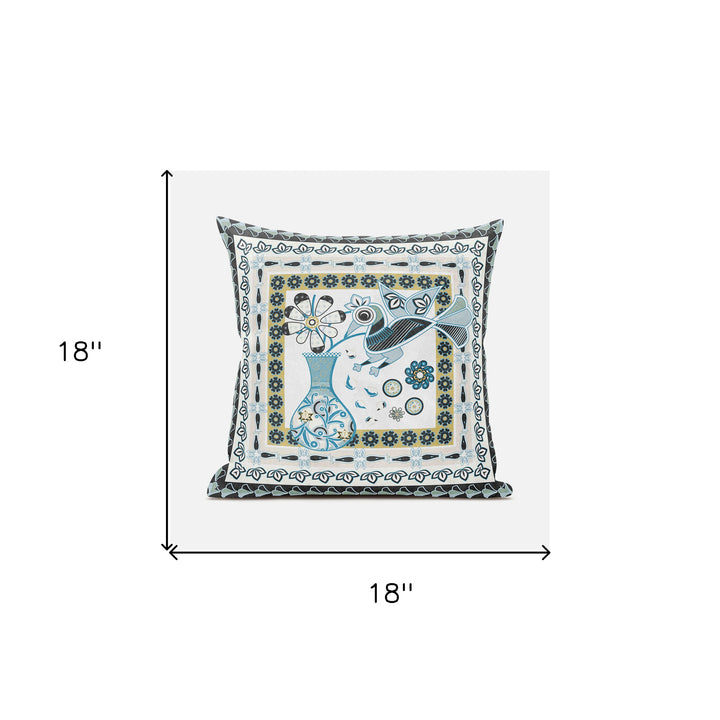 18" X 18" Blue and White Peacock Blown Seam Floral Indoor Outdoor Throw Pillow