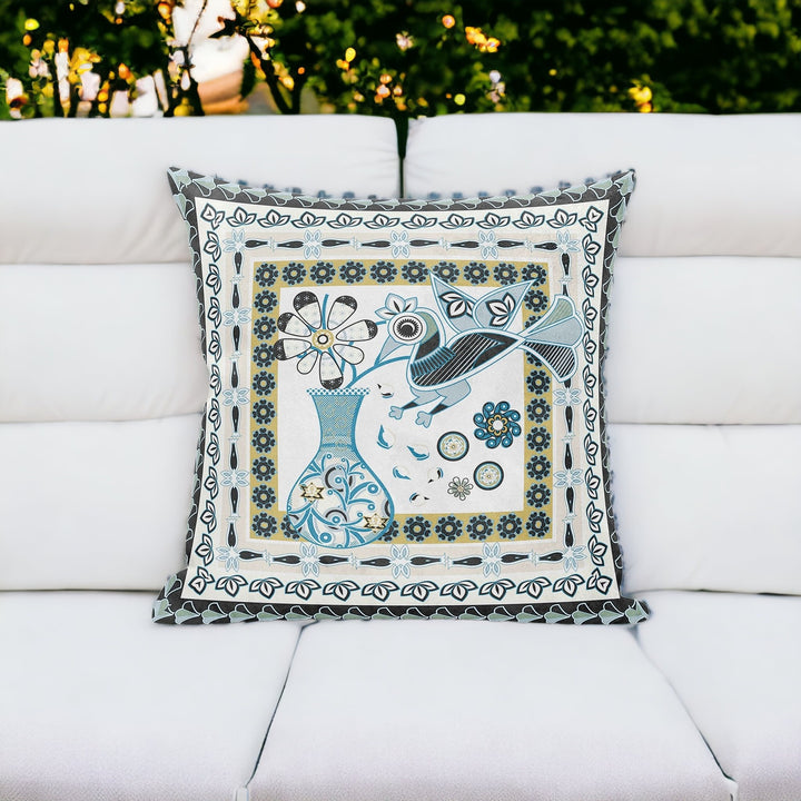 18" X 18" Blue and White Peacock Blown Seam Floral Indoor Outdoor Throw Pillow