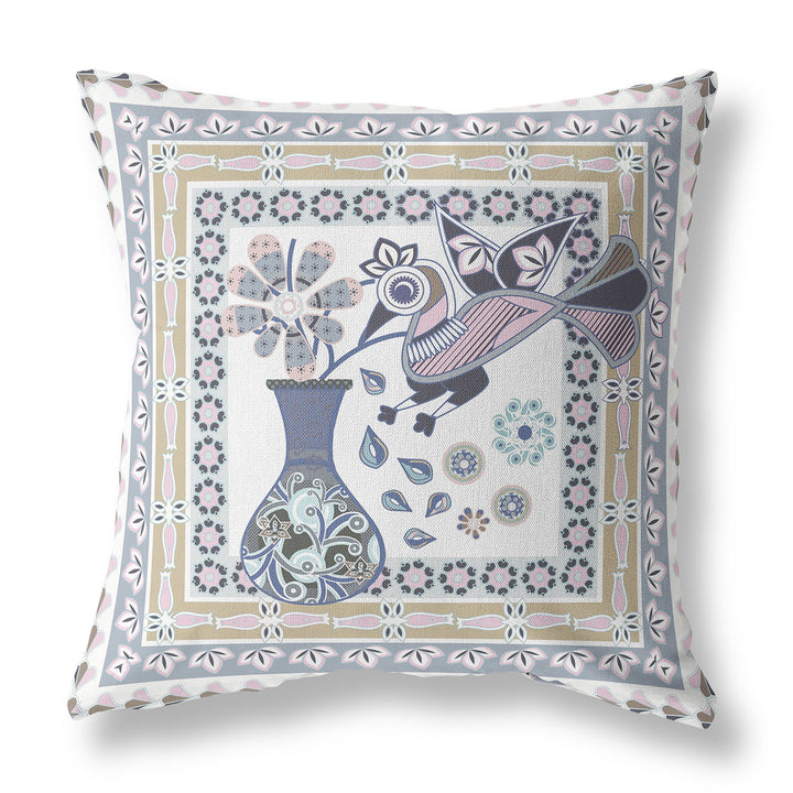 20" x 20" Beige and White Peacock Blown Seam Floral Indoor Outdoor Throw Pillow