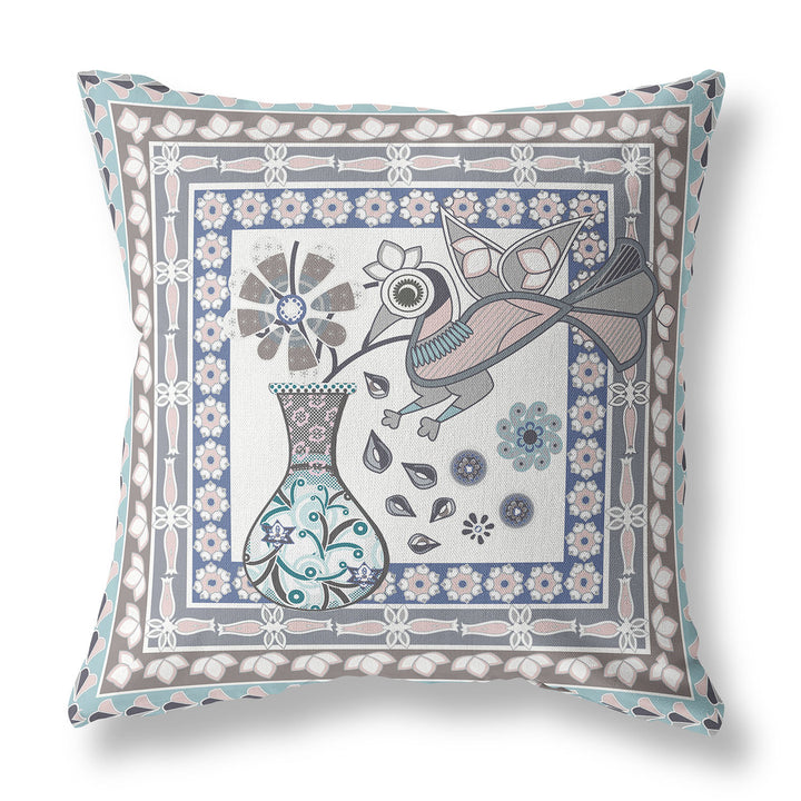 20" x 20" Blue and Gray Peacock Blown Seam Floral Indoor Outdoor Throw Pillow