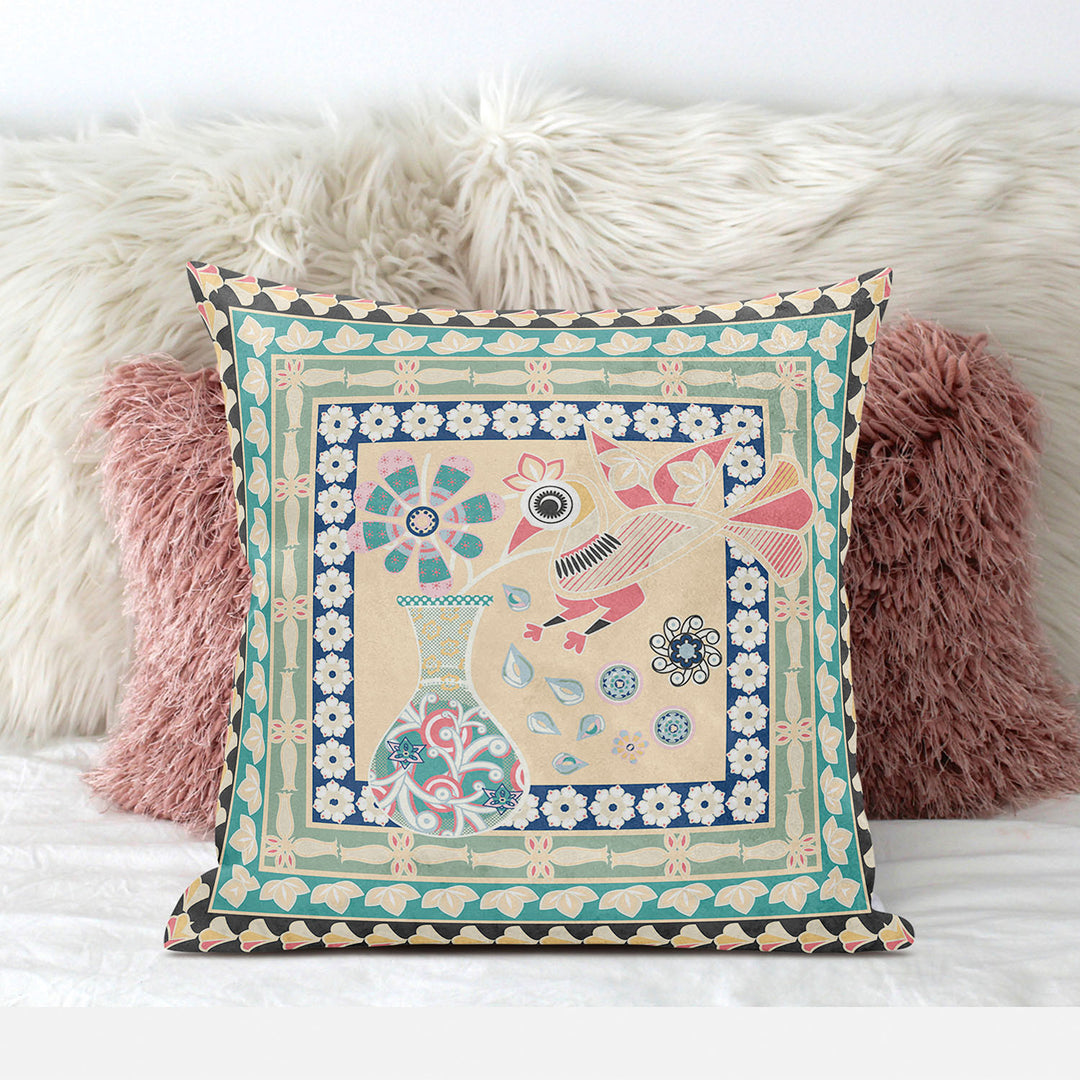 16" x 16" Beige Peacock Blown Seam Floral Indoor Outdoor Throw Pillow