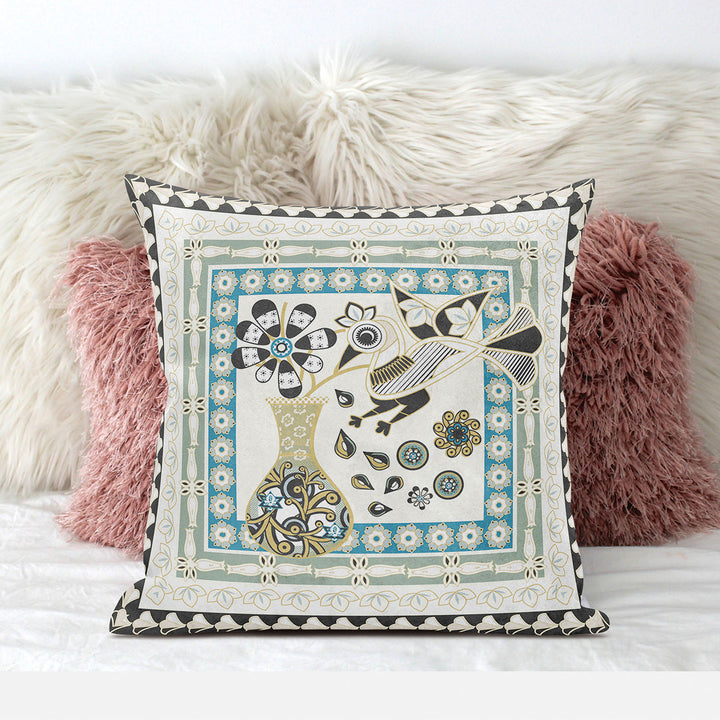 20" x 20" Cream Peacock Blown Seam Floral Indoor Outdoor Throw Pillow