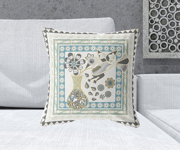 20" x 20" Cream Peacock Blown Seam Floral Indoor Outdoor Throw Pillow