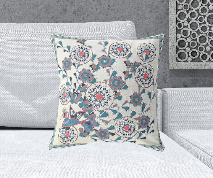 20" x 20" Off White Peacock Blown Seam Floral Indoor Outdoor Throw Pillow