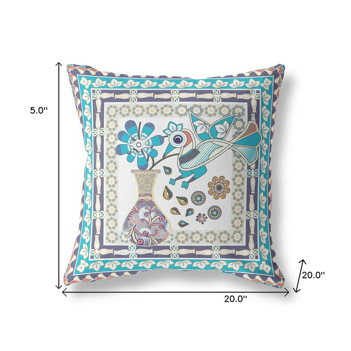 20" x 20" Cream Peacock Blown Seam Floral Indoor Outdoor Throw Pillow