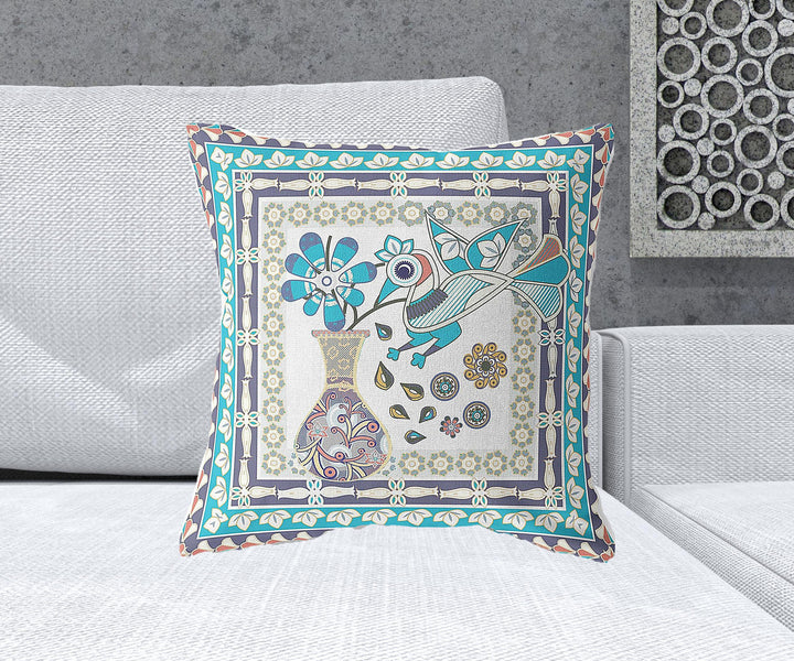 20" x 20" Cream Peacock Blown Seam Floral Indoor Outdoor Throw Pillow