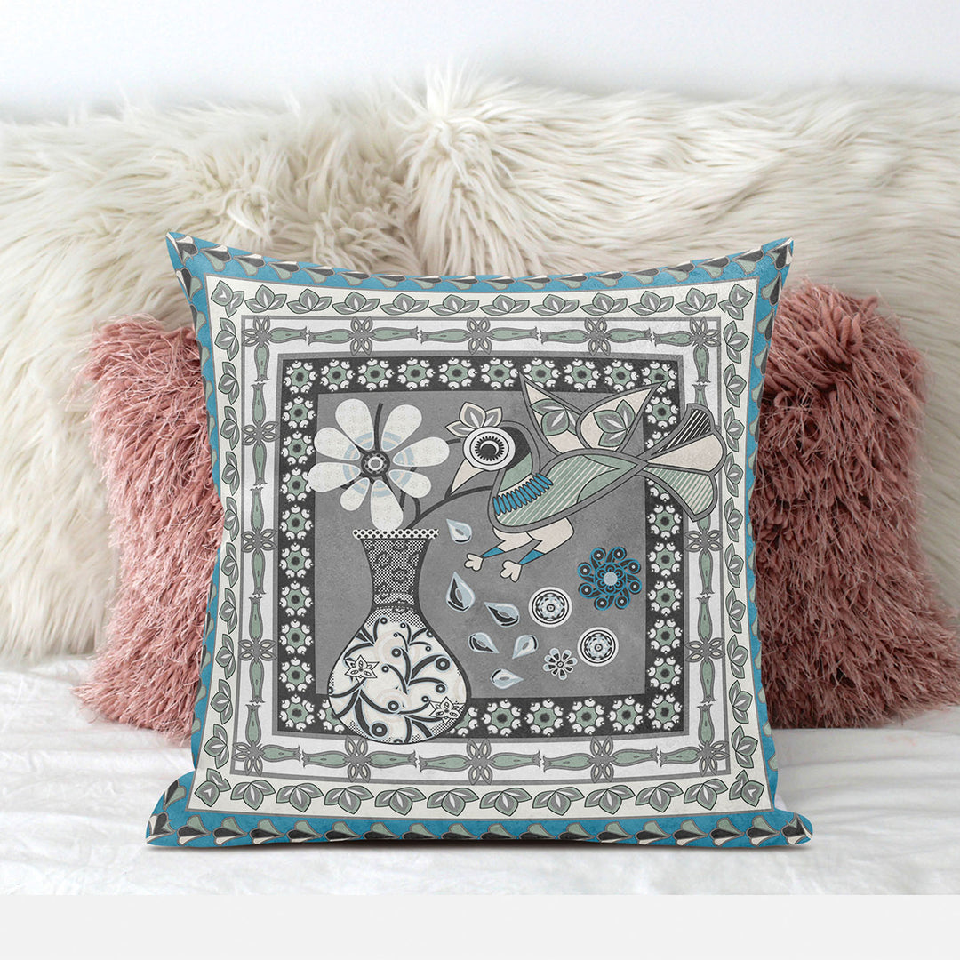 28" x 28" Gray and White Peacock Blown Seam Floral Indoor Outdoor Throw Pillow