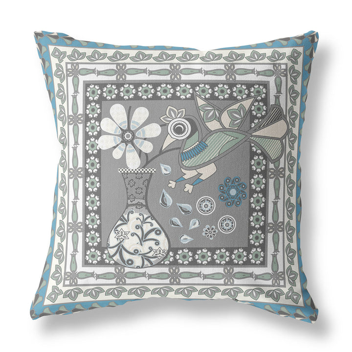 28" x 28" Gray and White Peacock Blown Seam Floral Indoor Outdoor Throw Pillow