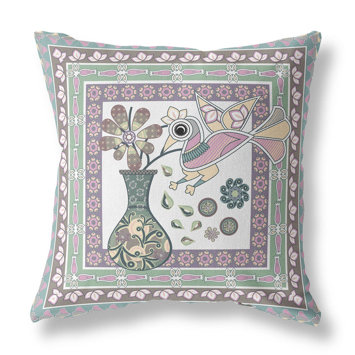 26" x 26" Pink Bird Blown Seam Floral Indoor Outdoor Throw Pillow