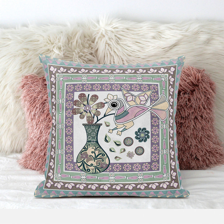 26" x 26" Pink Bird Blown Seam Floral Indoor Outdoor Throw Pillow