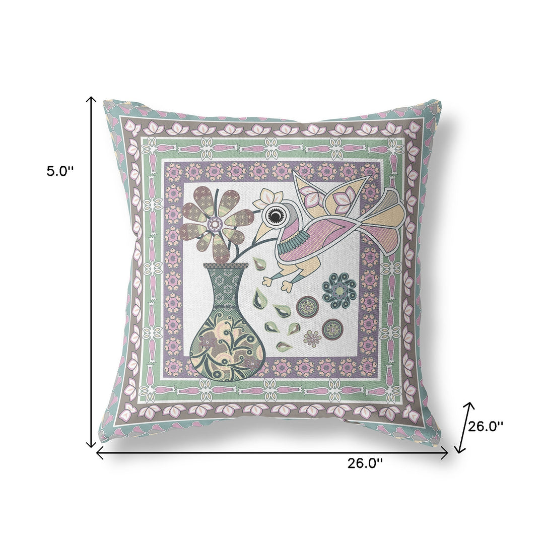 26" x 26" Pink Bird Blown Seam Floral Indoor Outdoor Throw Pillow