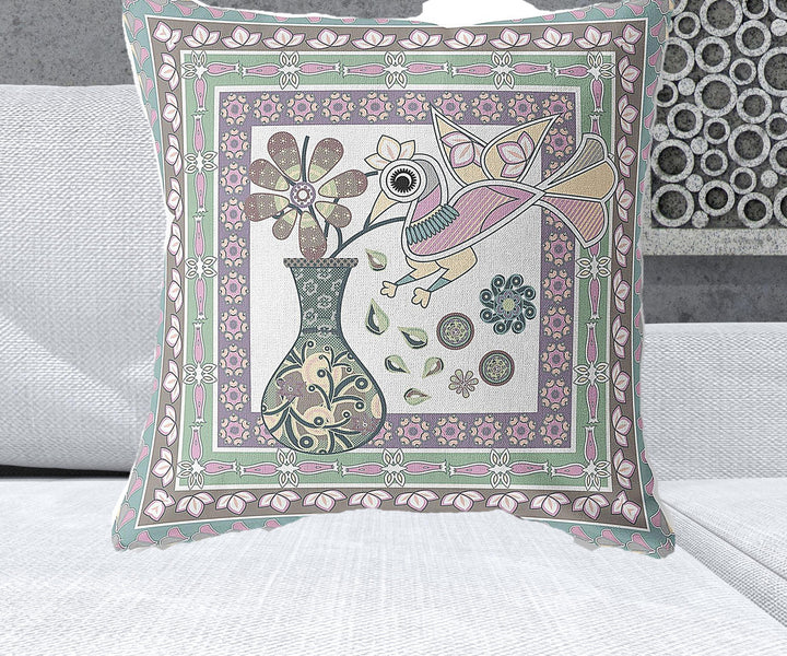 26" x 26" Pink Bird Blown Seam Floral Indoor Outdoor Throw Pillow