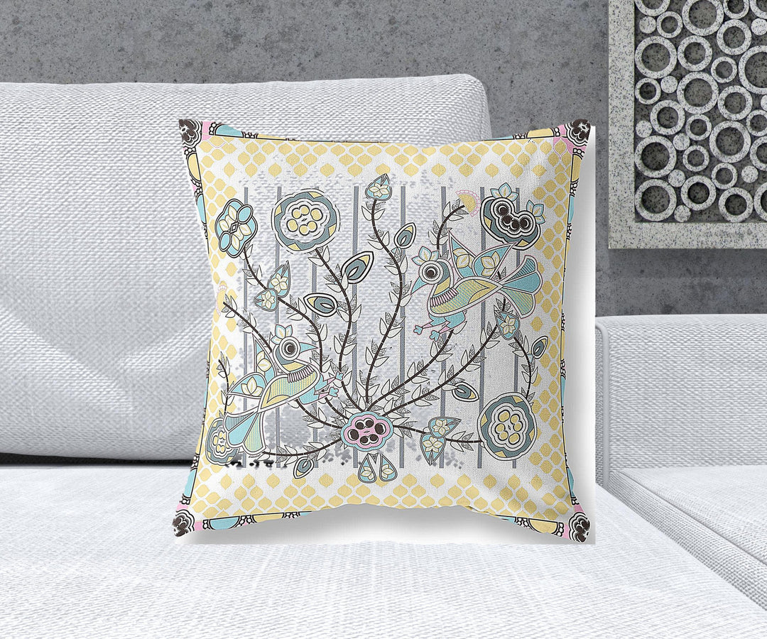 20" x 20" Gray and White Peacock Blown Seam Floral Indoor Outdoor Throw Pillow