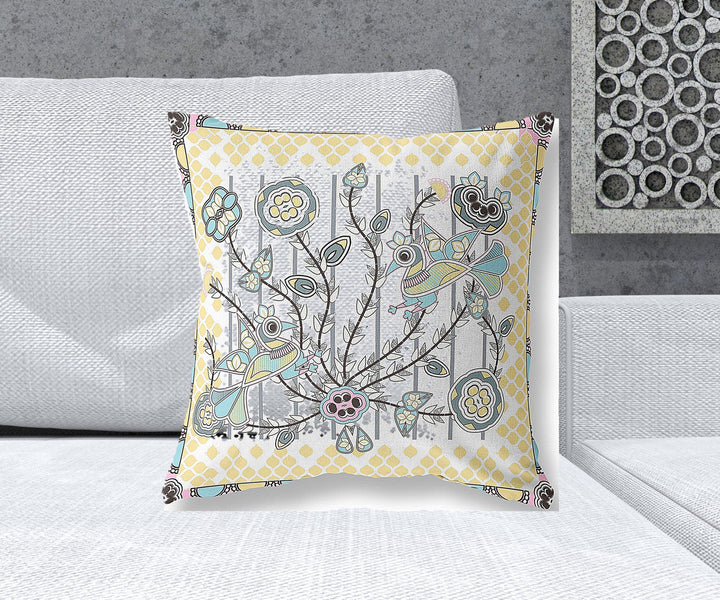 20" x 20" Gray and White Peacock Blown Seam Floral Indoor Outdoor Throw Pillow