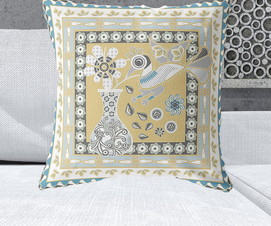 26" x 26" Beige and White Peacock Blown Seam Floral Indoor Outdoor Throw Pillow